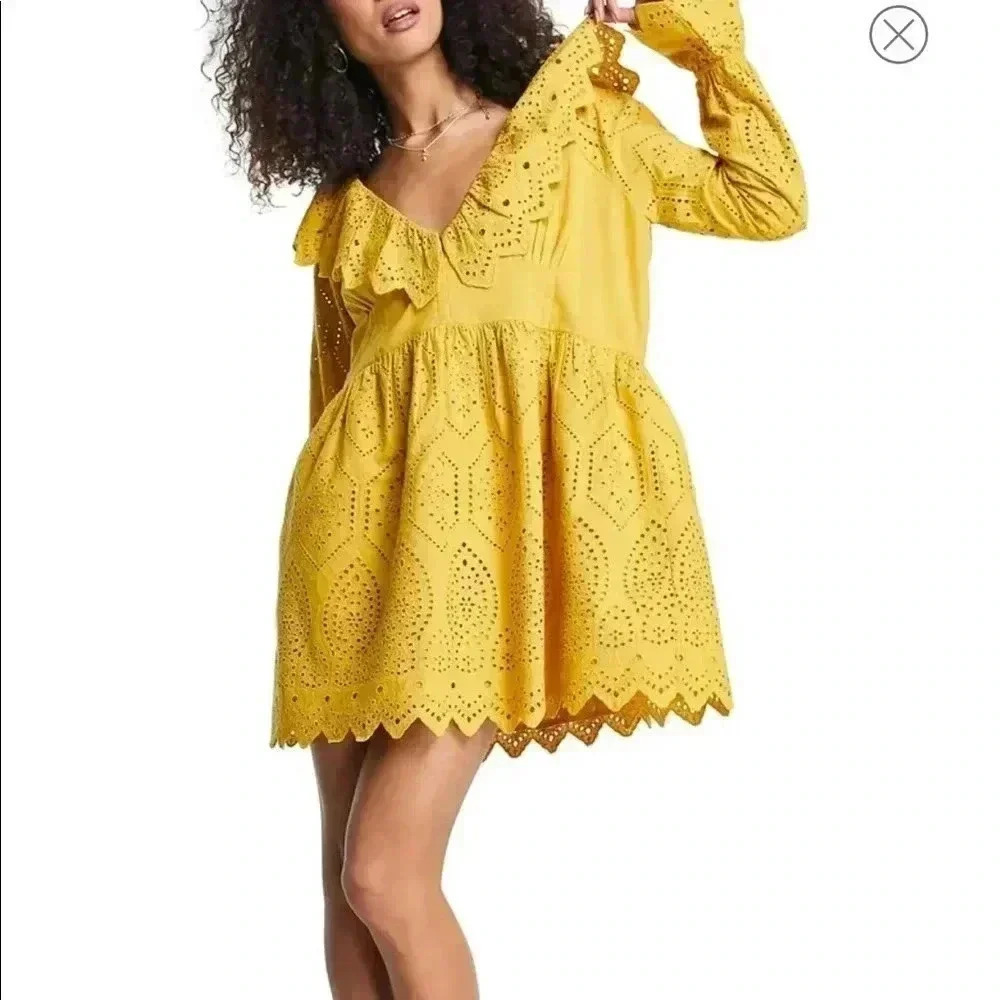 NWT Topshop Broderie Eyelet Ruffle Long Sleeve Minidress Yellow Sz 8